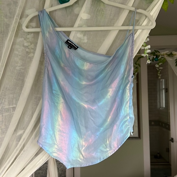 Superdown x Draya Michele Saira blue shiny asymmetrical tank top Revolve - Picture 2 of 3